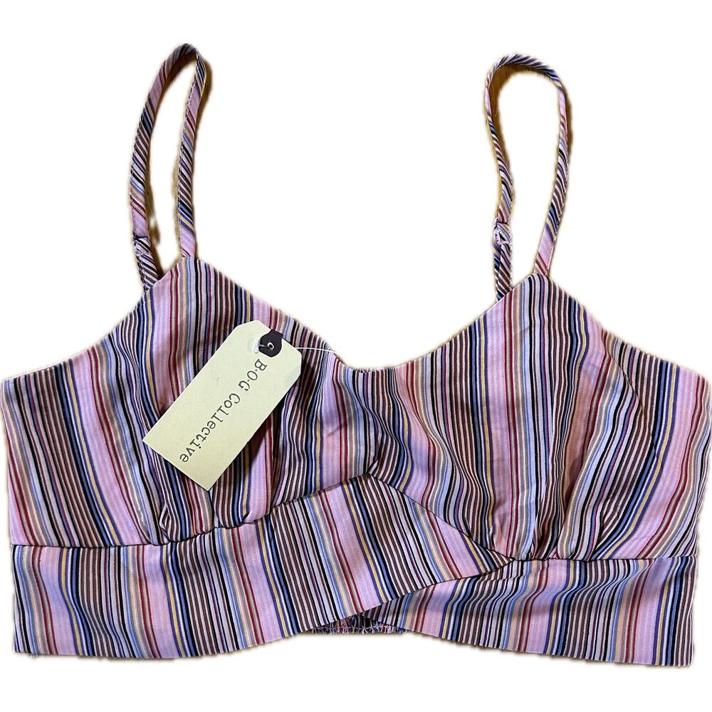 B.O.G‎ Collective Pink Striped Cropped Tank Top Size L Shirred Back Women's
